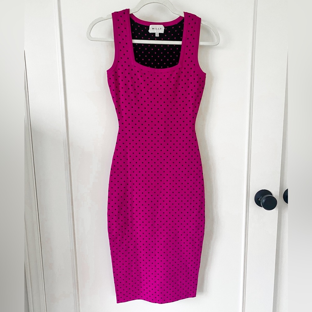 MILLY Magenta Polka Dot Sleeveless Fitted Bodycon Midi Dress Size Extra Small